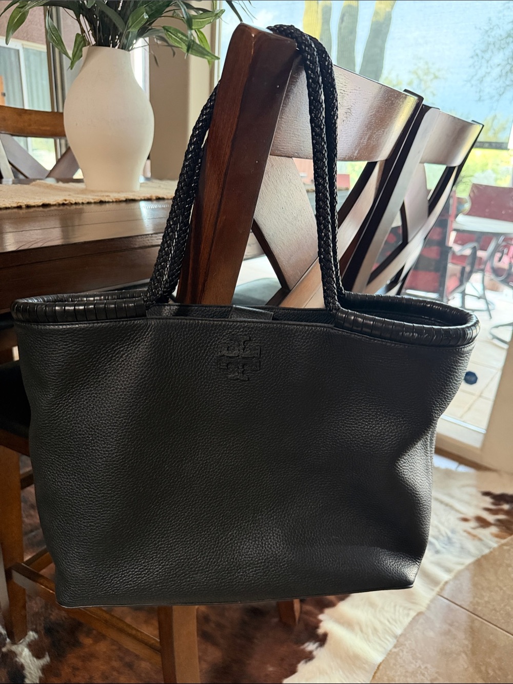 Tory Burch Black Pebbled Leather Tote with Braided Handles